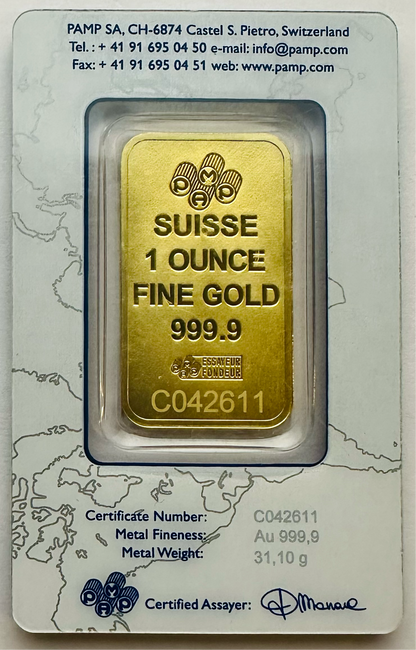 Pamp Suisse SUISSE Design 1 Ounce Gold Bar Assayed C042611