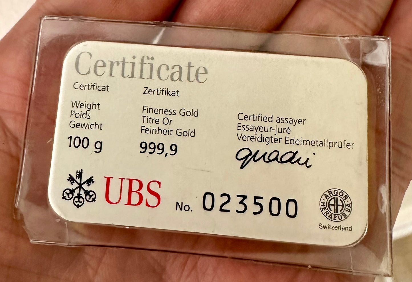 100 Gram UBS Gold Bar - Sealed