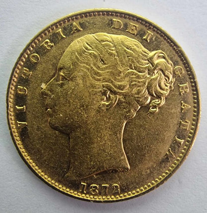 1872 Victoria Gold Full Sovereign Shield Back - Die 38