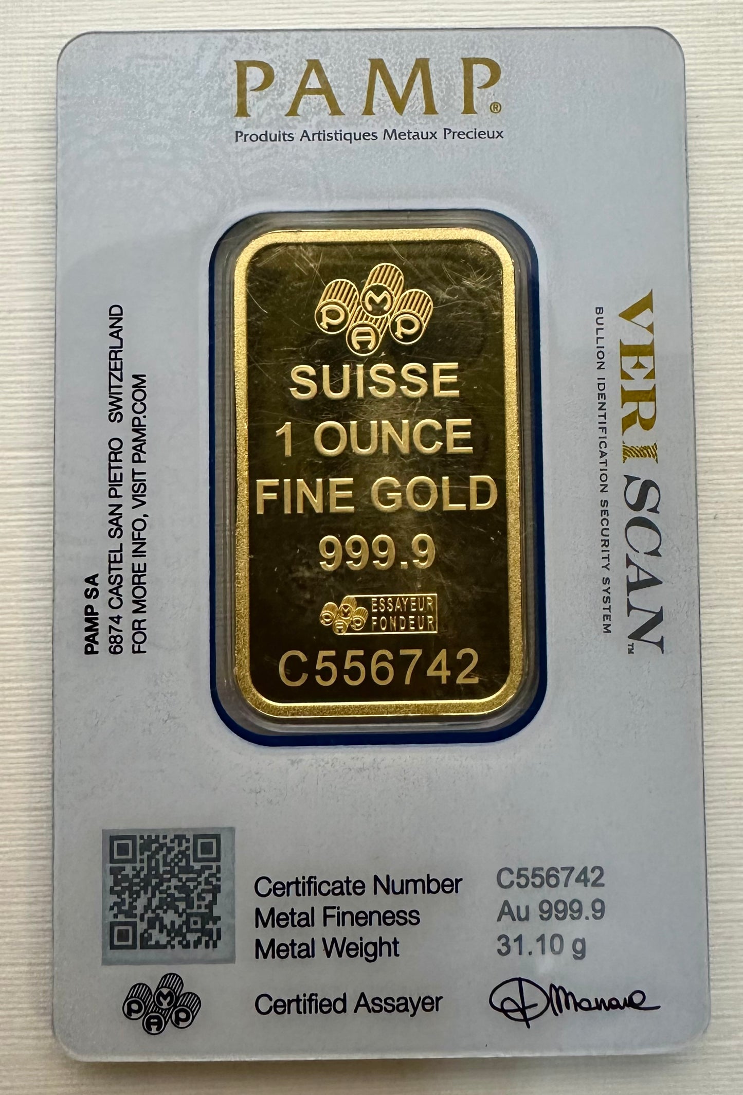 Pamp Suisse Lady Fortuna 1 Ounce Gold Bar Serial Numbered C556742