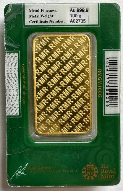 100 Gram Royal Mint Gold Bar - Carded