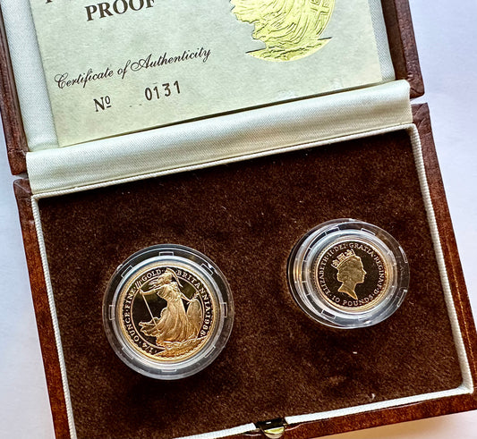 1988 1/4 & 1/10 Ounce Gold Proof Britannia Coins Set - Boxed and COA