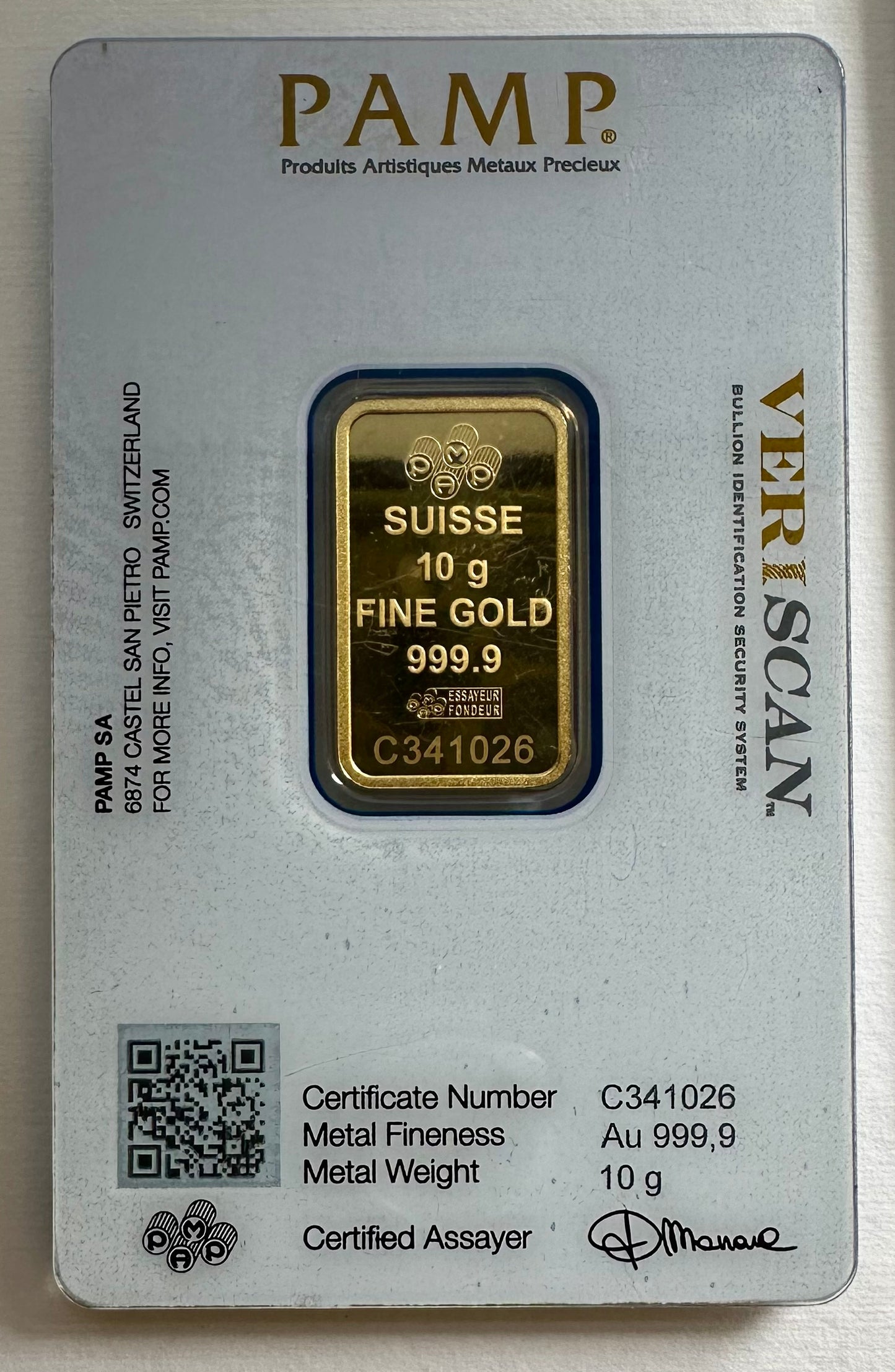 10 Gram Pamp Suisse Lady Fortuna Gold Bar in Assay C341026