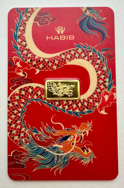 1 Gram Gold Bar featuring Lunar Dragon in Blister