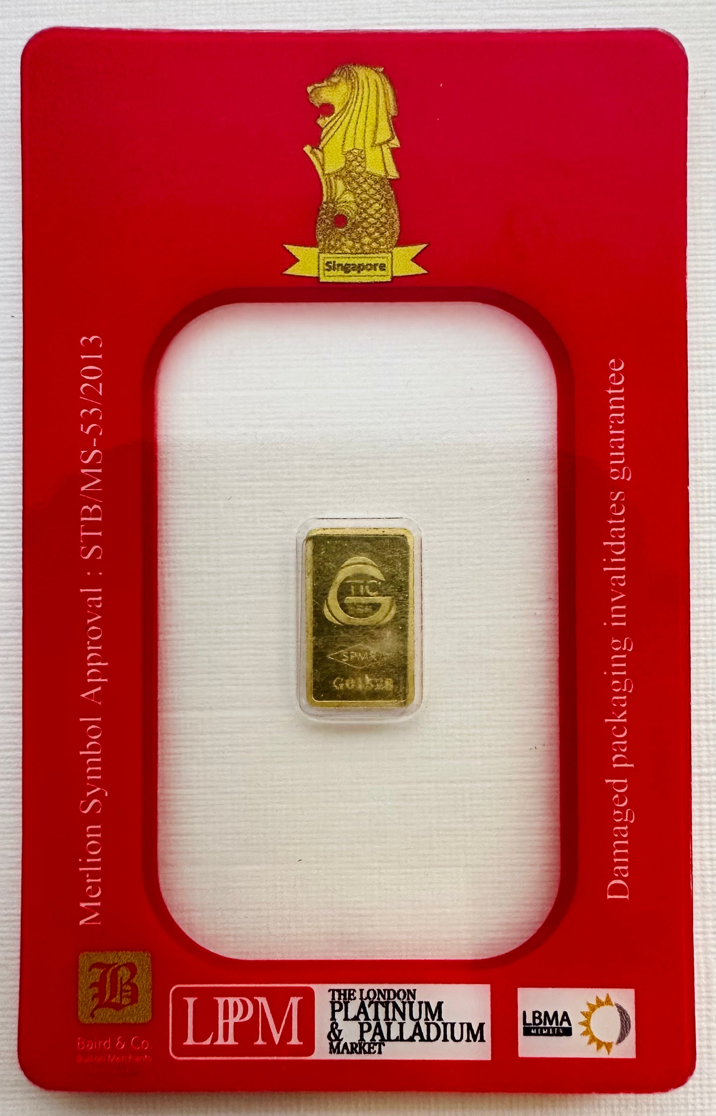 1 Gram Singapore Merlion Symbol Gold Bar - Assayed