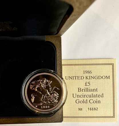 1986 Brilliant Uncirculated 5 Sovereign - Boxed and COA