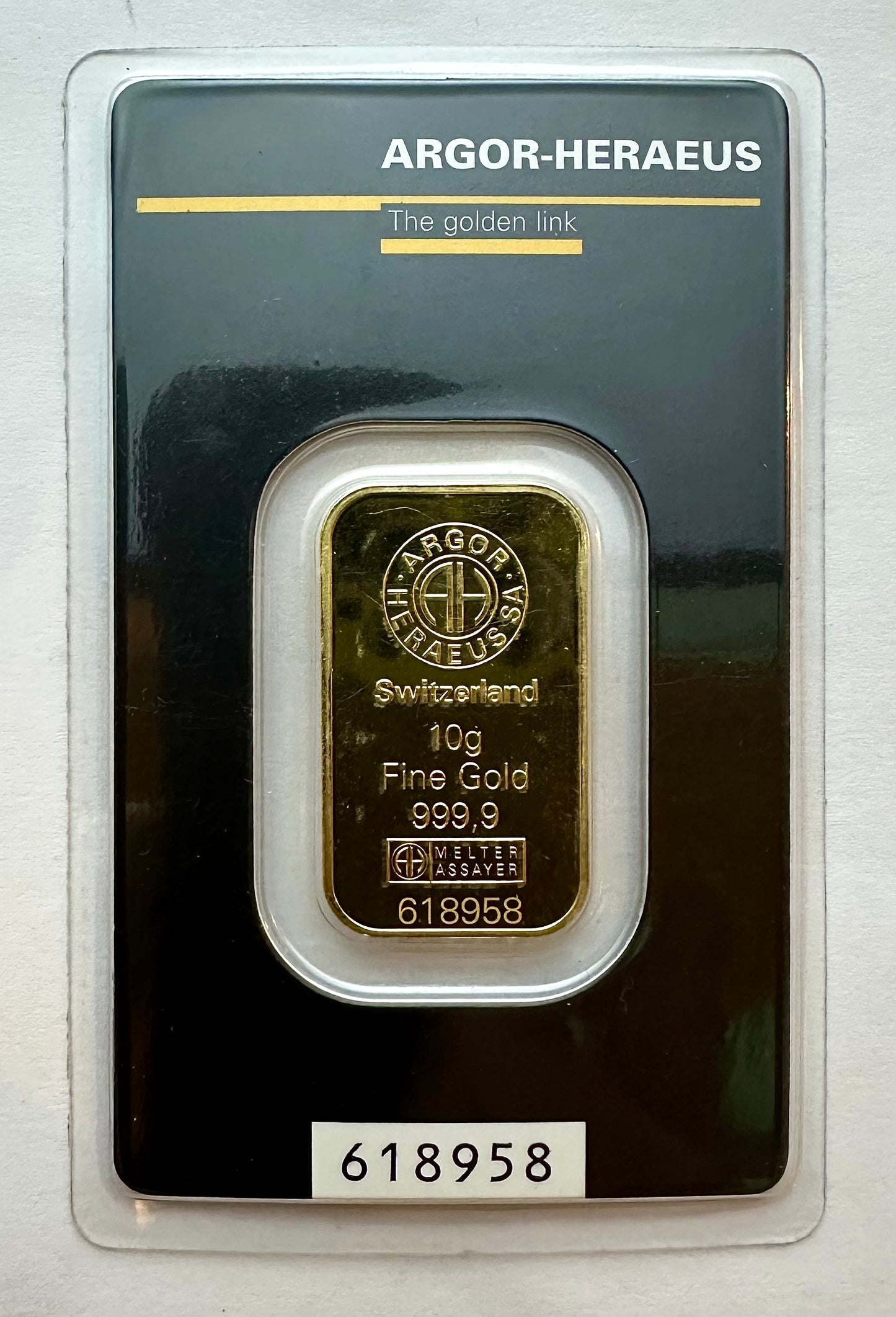 Argor-Heraeus 10 Gram Gold Bar - Serial 618958