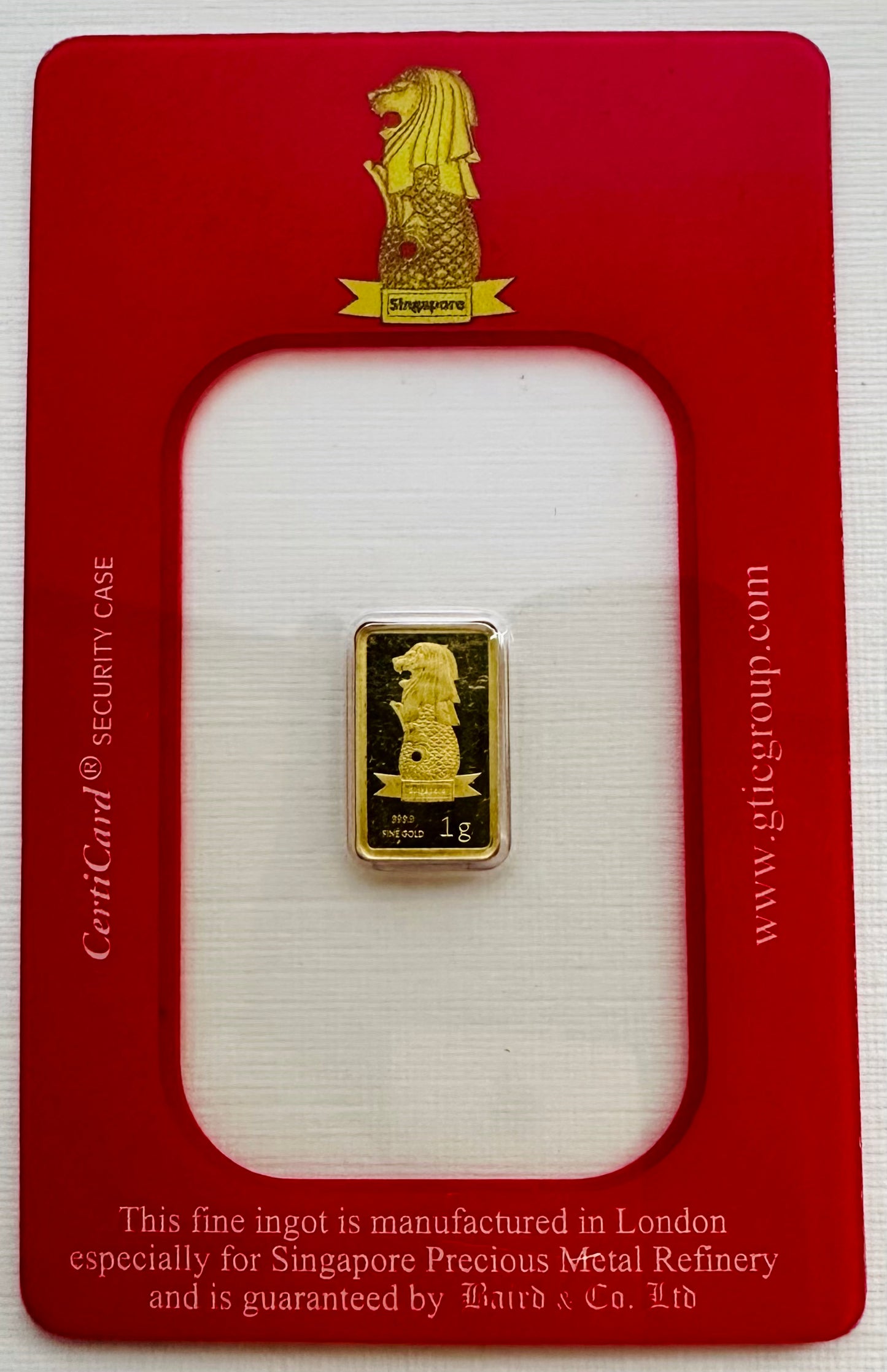 1 Gram Singapore Merlion Symbol Gold Bar - Assayed