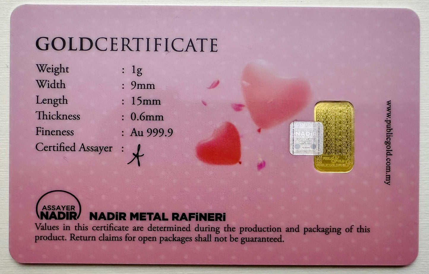 Public Gold 1 Gram 24ct Gold Bar - Carded - Just Married - Congratulations