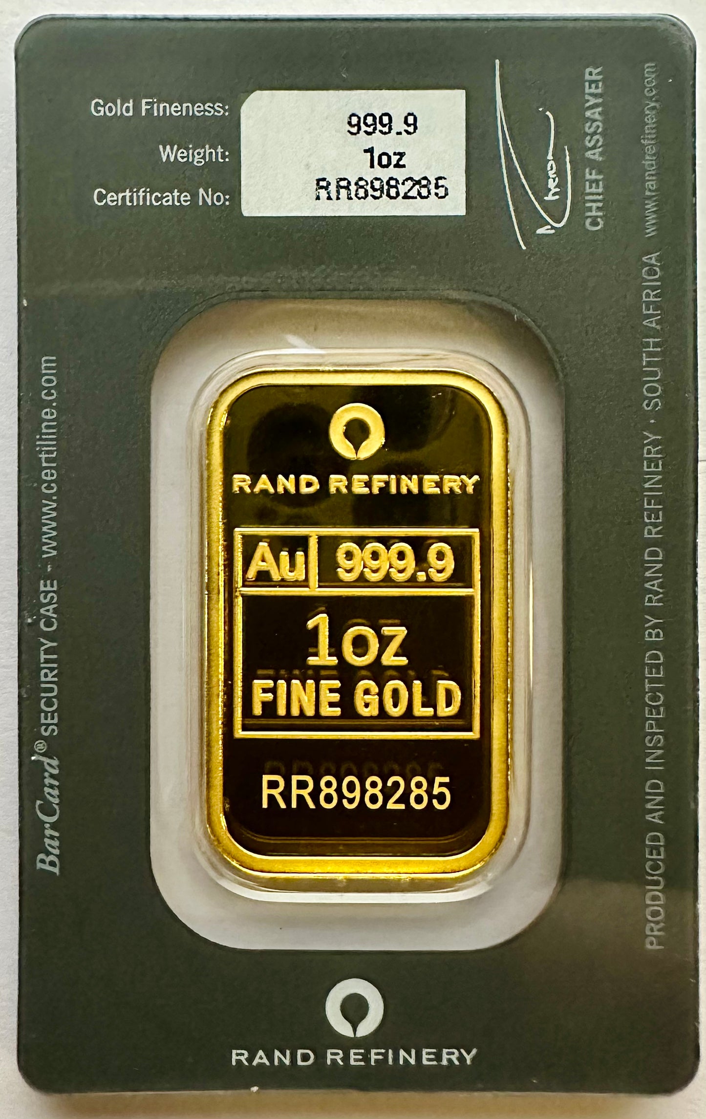 Rand Refinery 1 Ounce Gold Bar - RR898285