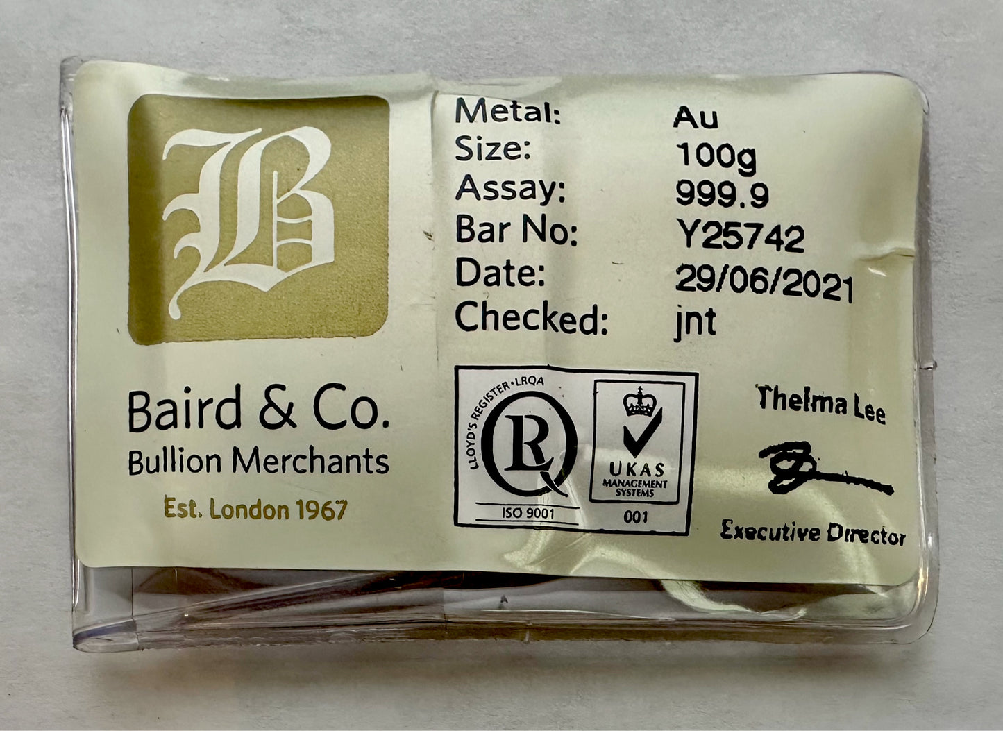 Baird & Co 100 Gram Gold Cast Bar - Sealed with Assay