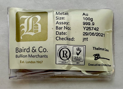 Baird & Co 100 Gram Gold Cast Bar - Sealed with Assay