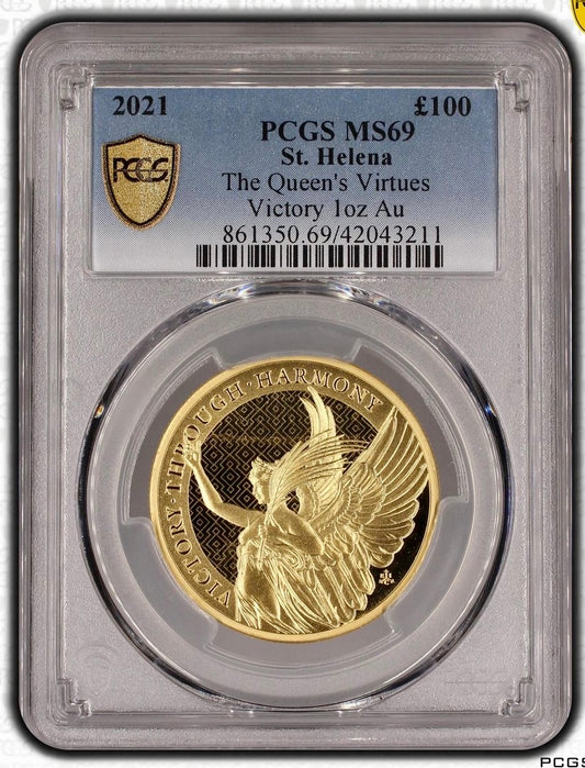 2021 St Helena The Queen’s Virtues Victory 1 Ounce 999.9 Gold Coin PCGS MS69