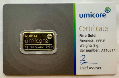 Umicore 5 Gram Gold Bar Assayed A1110514