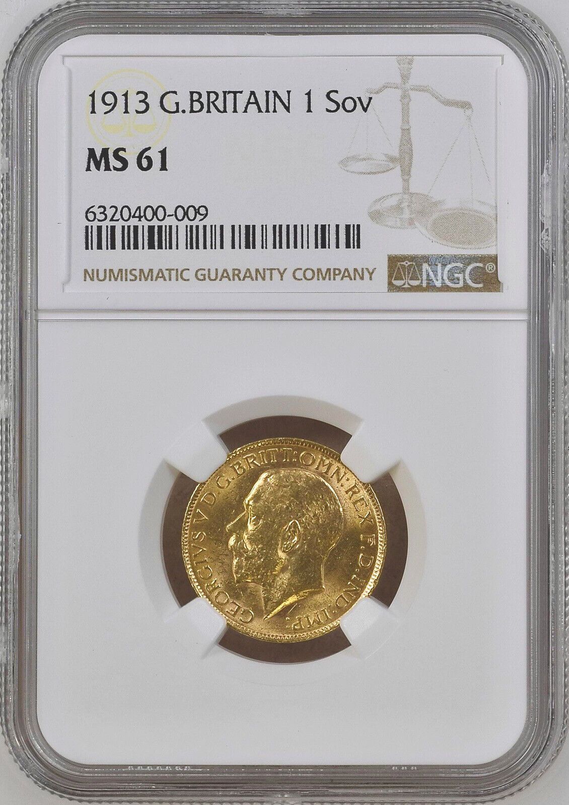 1913 George V Full Gold Sovereign - NGC MS61