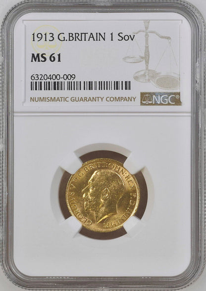 1913 George V Full Gold Sovereign - NGC MS61