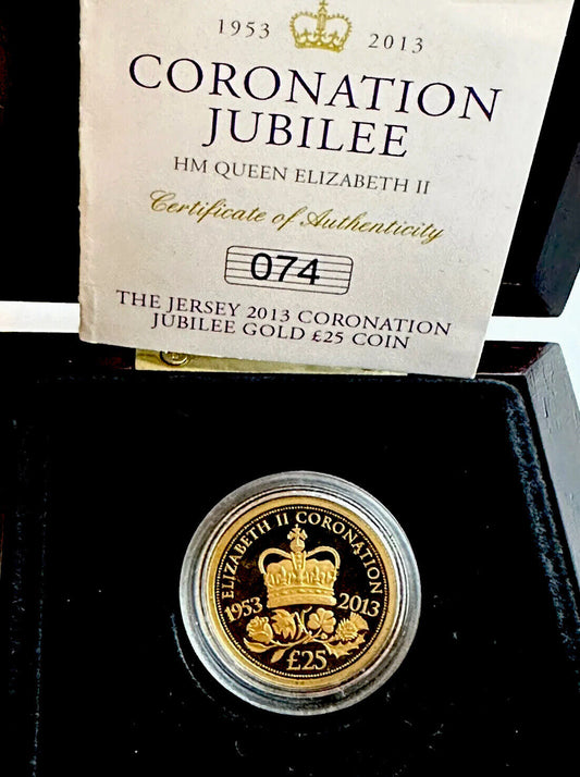 2013 JERSEY CORONATION JUBILEE GOLD PROOF £25 22CT GOLD COIN - BOXED AND COA