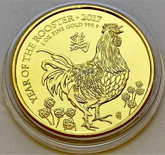 2017 1 Ounce Gold Lunar Rooster 24ct Coin - Capsuled