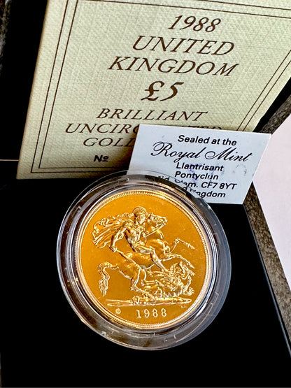 1988 Brilliant Uncirculated 5 Sovereign Quintuple - Boxed and COA