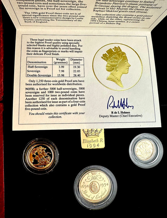 1994 United Kingdom Gold Proof Sovereign Three Coin Set - COA 762