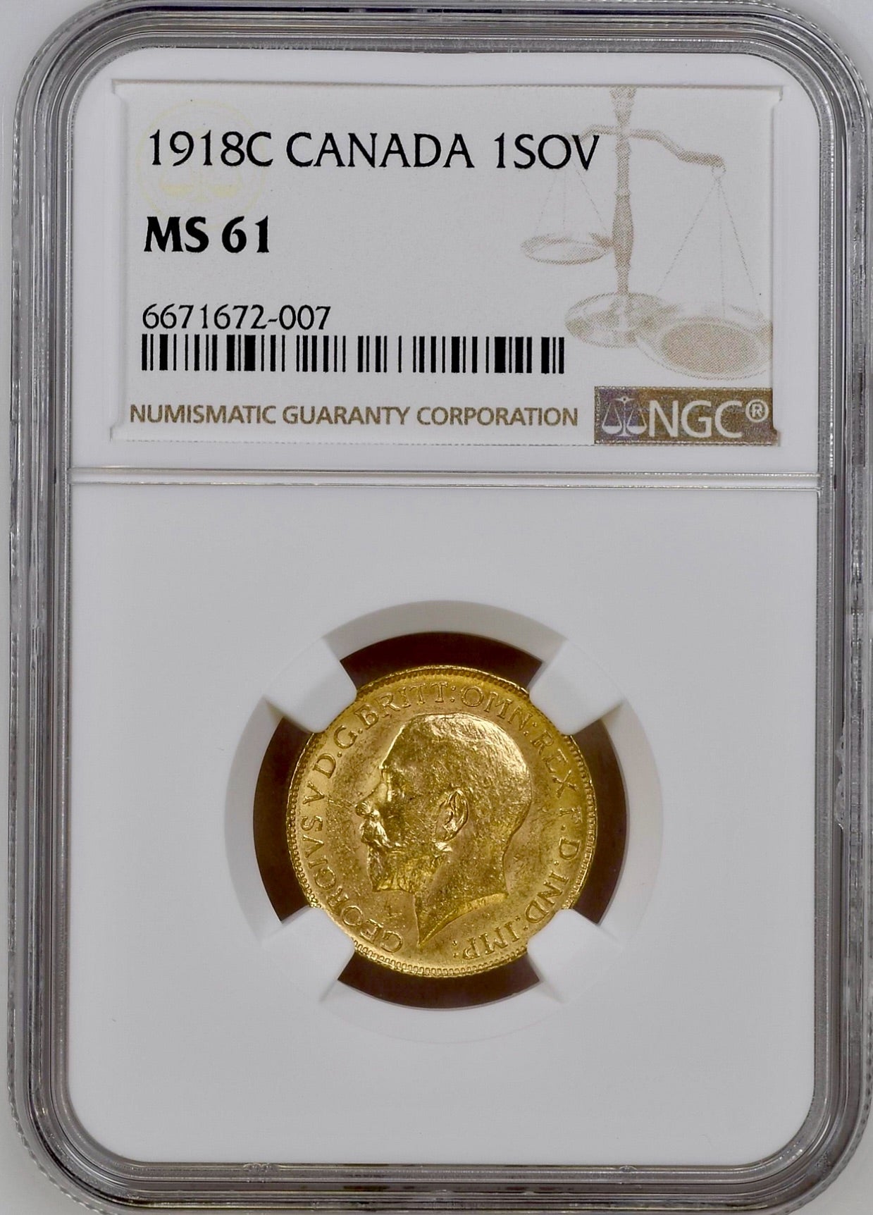 1918 Canadian Full Sovereign - NGC MS61