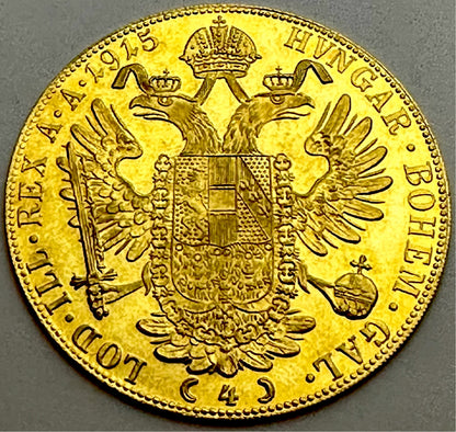 1915 Austrian Gold 4 Ducat - Almost Uncirculated